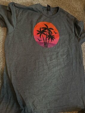 Gray Tee with Orange-Pink Sunset Palm Graphic